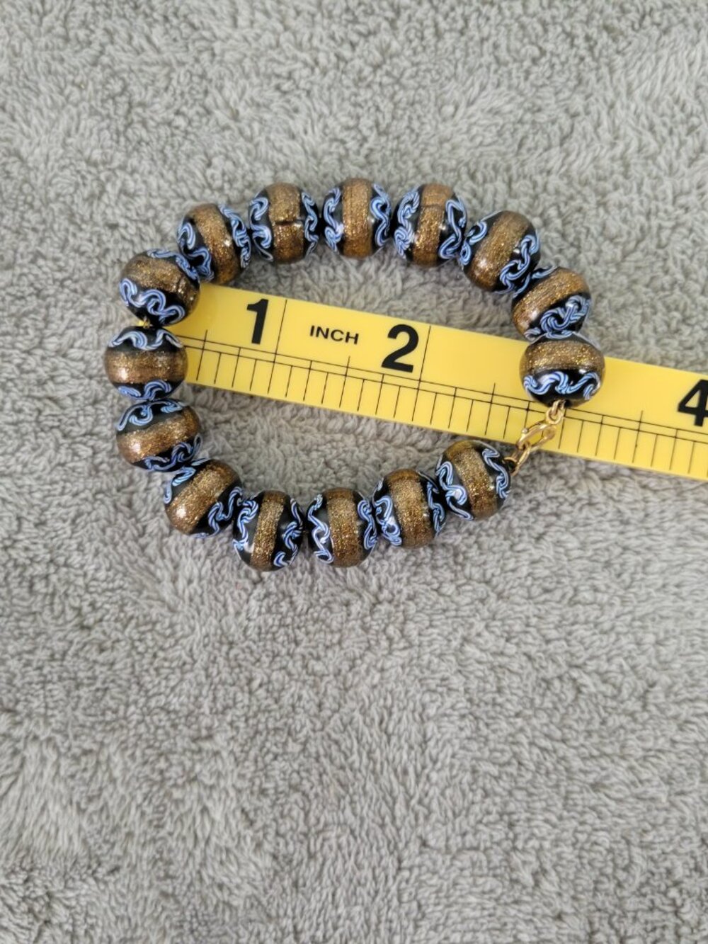Vintage Murano Venetian Style Art Bead Bracelet Gold Shimmer Blue Swirl B4E - Picture 5 of 8